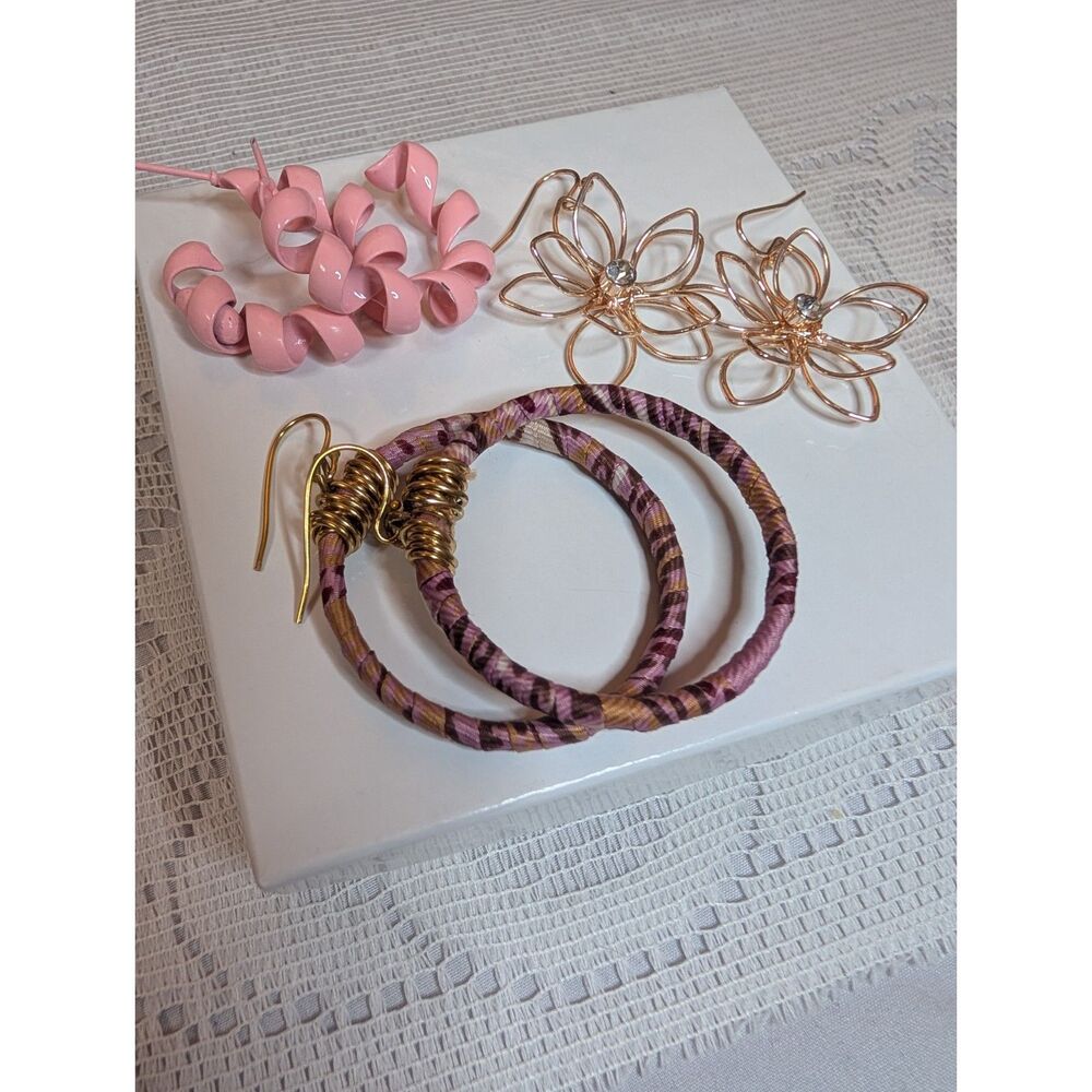 Eclectic Pink & Gold Statement Earring Bundle Lot - 3 Pairs